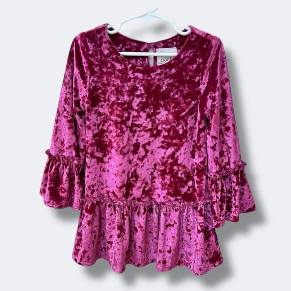 Peek Dress Girls XS 2-3 Fuchsia Crushed Velvet Bell Sleeve Ruffle Holiday Party - Picture 1 of 6